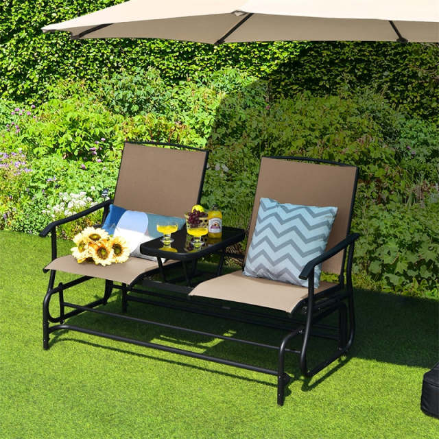 2-Person Outdoor Glider Chair with Center Tempered Glass Table, Steel Frame & Breathable Mesh, Patio Rocking Bench for Porch Garden Poolside