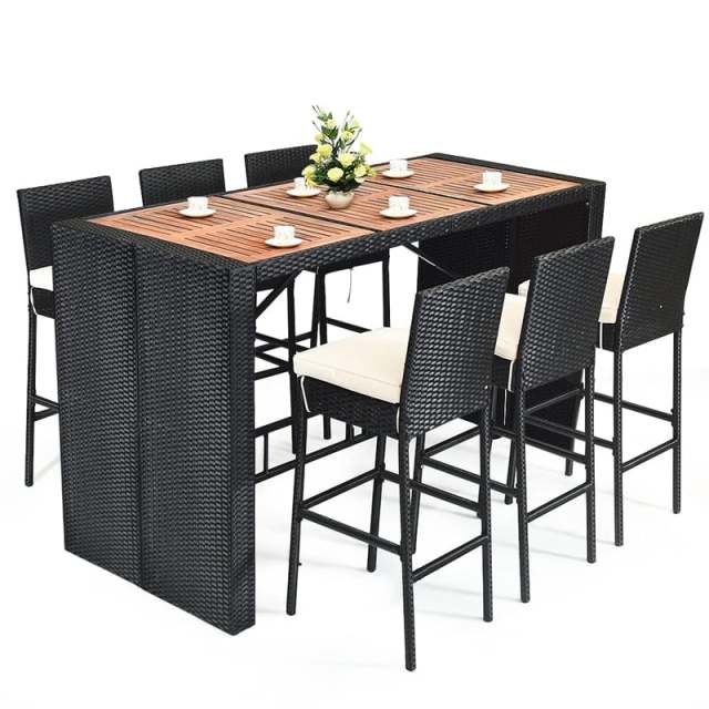 7-Piece Wicker Outdoor Bar Set with Acacia Wood Table Top, 6 Bar Stools & Removable Cushions, Rattan Patio Furniture for Poolside, Backyard, Dining