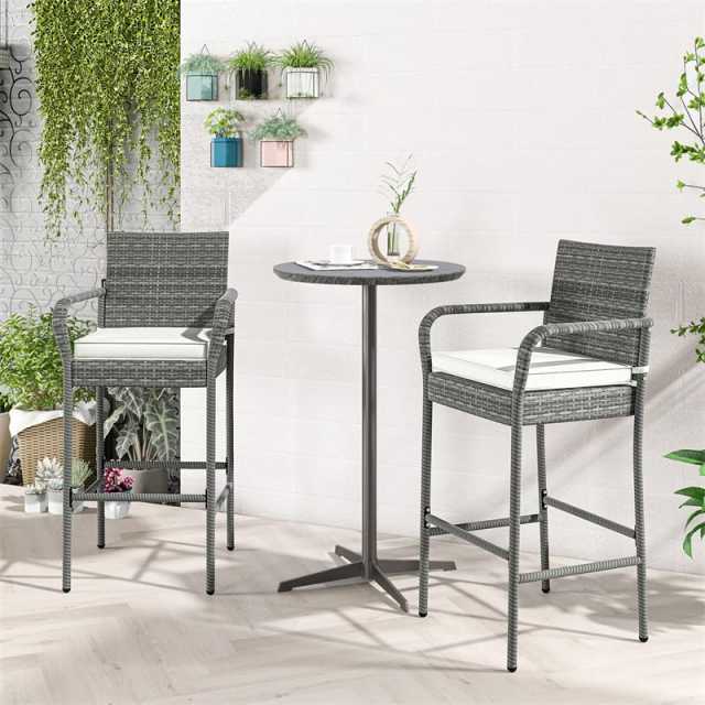 Patio Wicker Bar Stools Set of 2 Heavy Duty Frame Outdoor PE Rattan Bar Chairs 29.5" High Back Barstools with Armrests & Soft Cushions