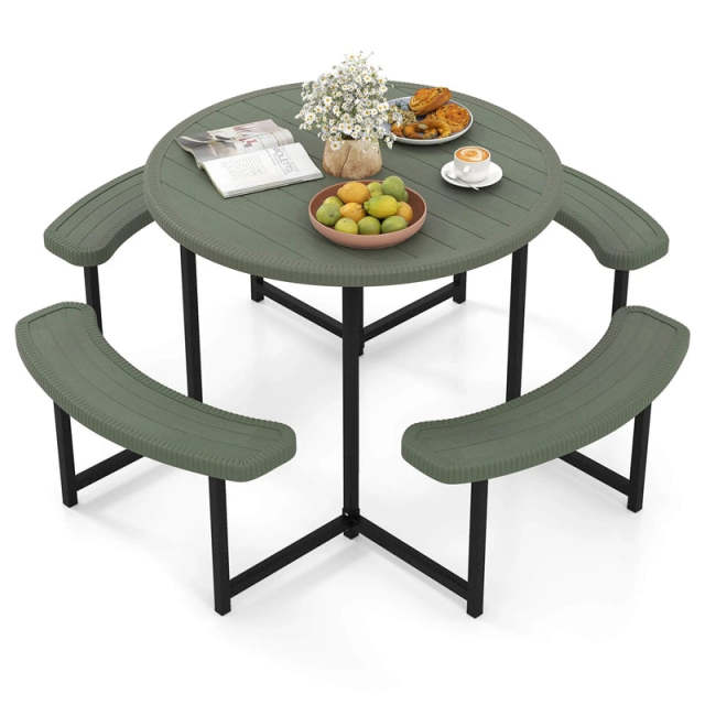 8 Person Round Outdoor Picnic Table Bench Set with Umbrella Hole, HDPE Tabletop, Metal Frame & 2000lbs Capacity for Patio, Garden, Lawn