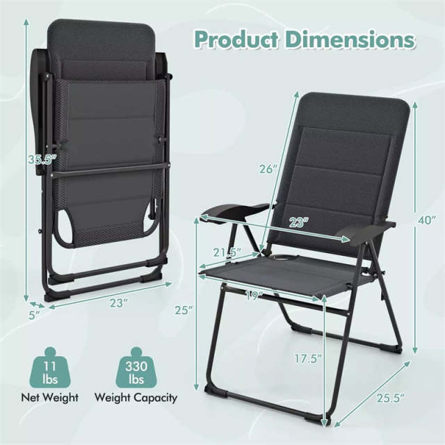 Set of 2 Folding Patio Chairs with 7-Position Adjustable Backrest, Padded Outdoor Reclining Chairs for Backyard Garden Deck, 300 lbs Capacity -h1
