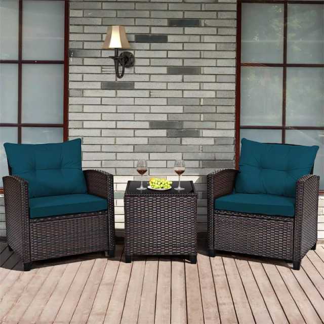 3PCS Rattan Patio Furniture Set with Washable Cushions & Tempered Glass Coffee Table, Outdoor Wicker Conversation Set for Garden, Balcony