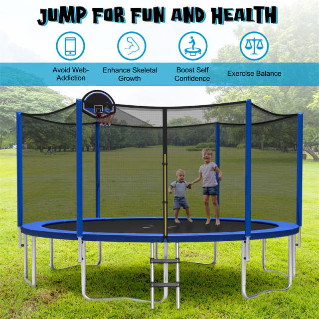 14FT Outdoor Trampoline with Safety Net Enclosure & Basketball Hoop for Kids, ASTM Approved Toddler Backyard Recreational Trampoline with Ballpump