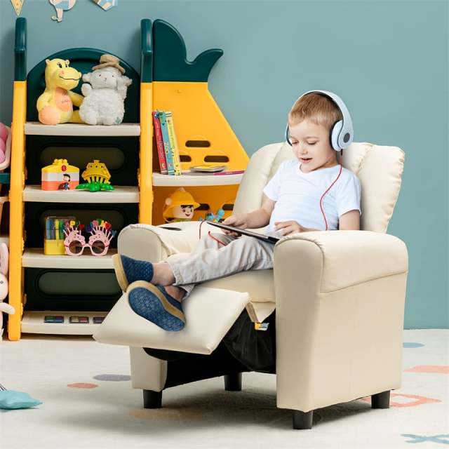 Kids Recliner Chair with Cup Holder, Armrests & Retractable Footrest, Children PU Leather Sofa Armchair, Ergonomic Toddler Room Furniture