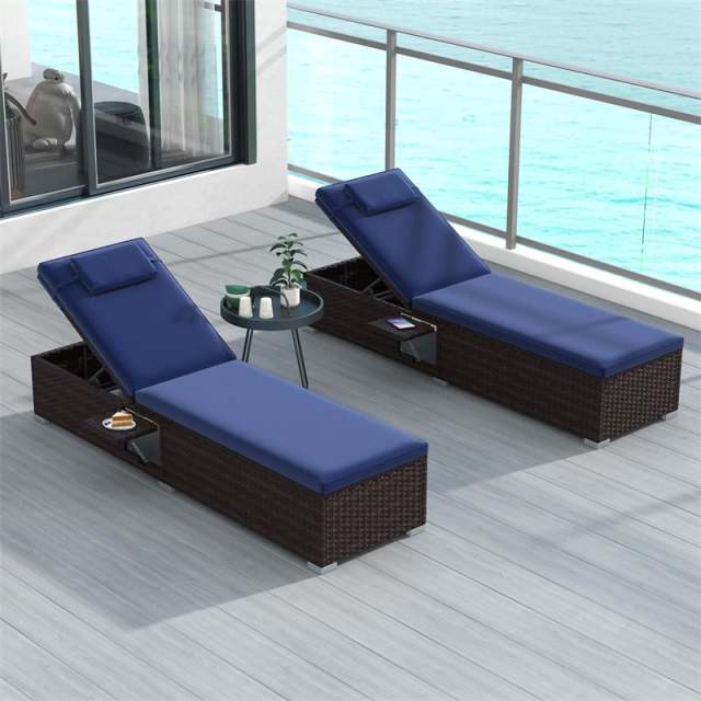 Patio Chaise Lounge, Outdoor Rattan Lounge Chair with 6-Level Adjustable Backrest, Cushion & Headrest, Metal Frame Backyard Reclining Chair