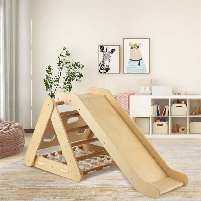 3-Side Wooden Triangle Climber with Slide Ramp, Climbing Net & Board, 4-in-1 Pikler Triangle Ladder Montessori Climbing Toys for Toddlers