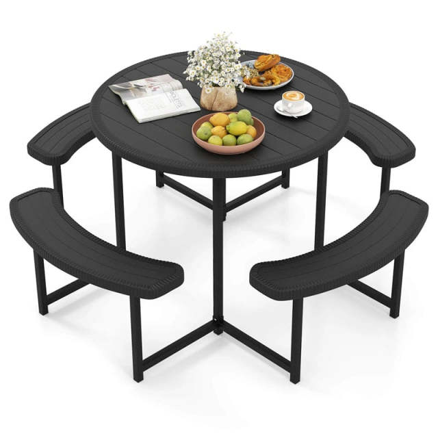 8 Person Round Outdoor Picnic Table Bench Set with Umbrella Hole, HDPE Tabletop, Metal Frame & 2000lbs Capacity for Patio, Garden, Lawn