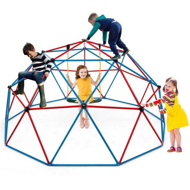 10FT Climbing Dome with Swing, Geometric Dome Climber Indoor Outdoor Jungle Gym Monkey Bar Climbing Toys for Kids Toddlers
