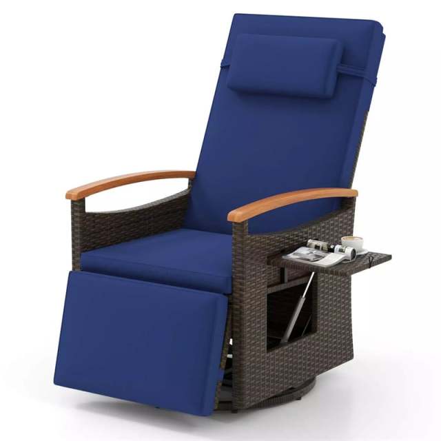 Outdoor 360° Swivel Rattan Recliner Chair with Adjustable Backrest & Footrest, Patio Wicker Chaise Lounge Chair with Flip Side Table & Cushion