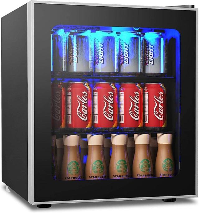 60 Can Mini Beverage Refrigerator, 1.6 Cu.Ft Freestanding Drink Fridge with Glass Door & Removable Shelves, Compact Beverage Cooler for Home Office