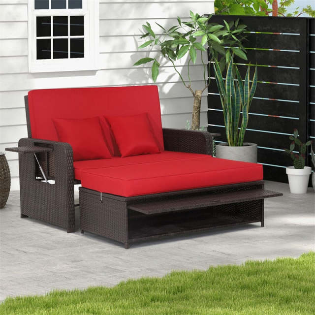 Patio Rattan Daybed Set, Outdoor Wicker Loveseat Sofa w/Multipurpose Ottoman, Retractable Side Tray, 4-Level Adjustable Backrest & Cushions
