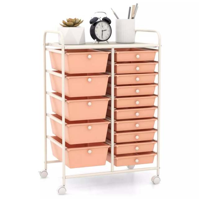 15-Drawer Rolling Storage Cart, Art & Craft Organizer with Wheels & Removable Drawers for Tools, Scrapbook Paper, Home Office School