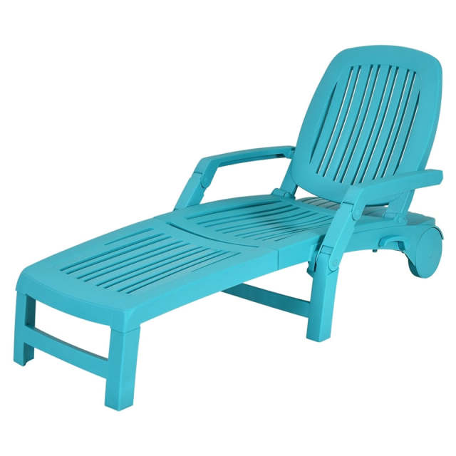 he Folding Outdoor Chaise Lounge, Weatherproof Plastic Lounge Chair with 6-Position Adjustable Backrest & Wheels for Poolside, Patio, Beach