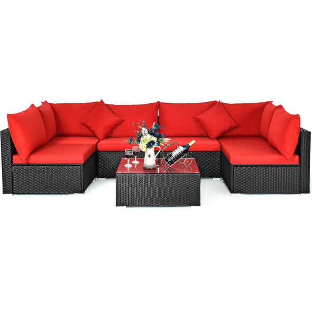 7-Piece PE Rattan Outdoor Sectional Sofa with Tempered Glass Top Table & Cushions, Wicker Patio Furniture Set for Garden Poolside Balcony