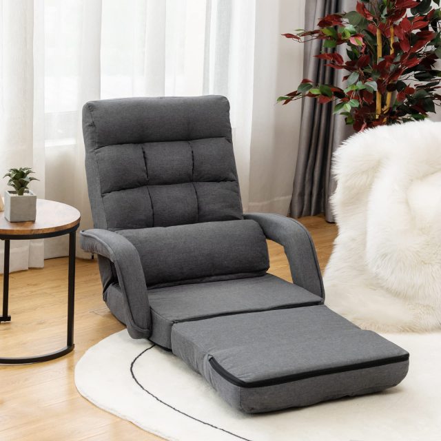 KOMFOTT Folding Floor Chair with 6-Position Adjustable Backrest, Armrests & Removable Pillow