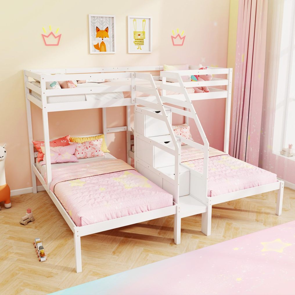 KOMFOTT Triple Bunk Beds with 4-Step Storage Stair, Guardrail & Solid Wood Structure
