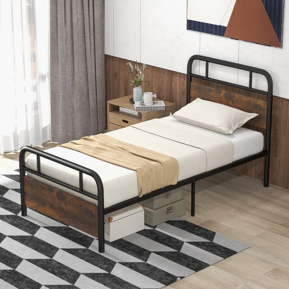 KOMFOTT Industrial Metal Bed Frame with Wood Headboard and Footboard, Rustic Brown