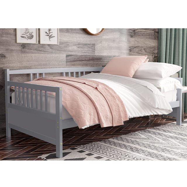 KOMFOTT Twin Daybed Frame, Wooden Sofa Bed Guest Bed with Rails & Wood Slat Support