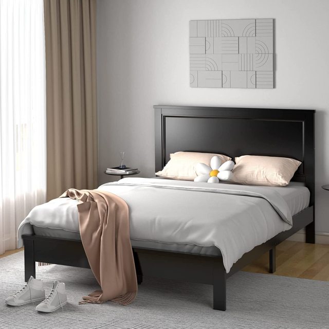 KOMFOTT Wood Platform Bed Frame with Headboard, Mid Century Platform Bed Frame with Solid Wood Legs & Wooden Slat Support