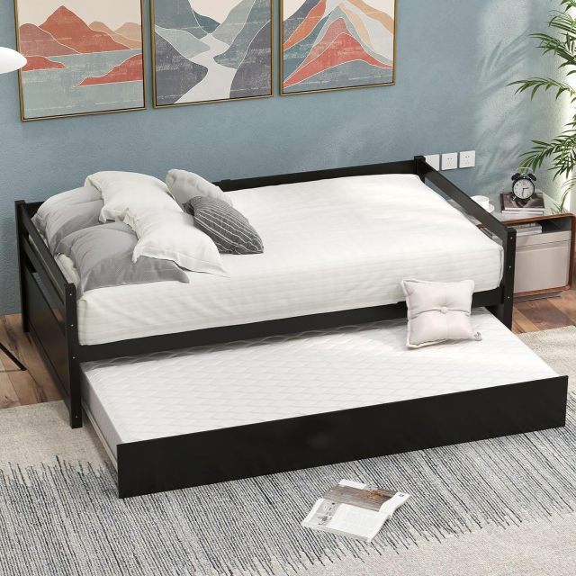 KOMFOTT Twin Daybed with Trundle, Wood Trundle Bed with Wood Slat Support