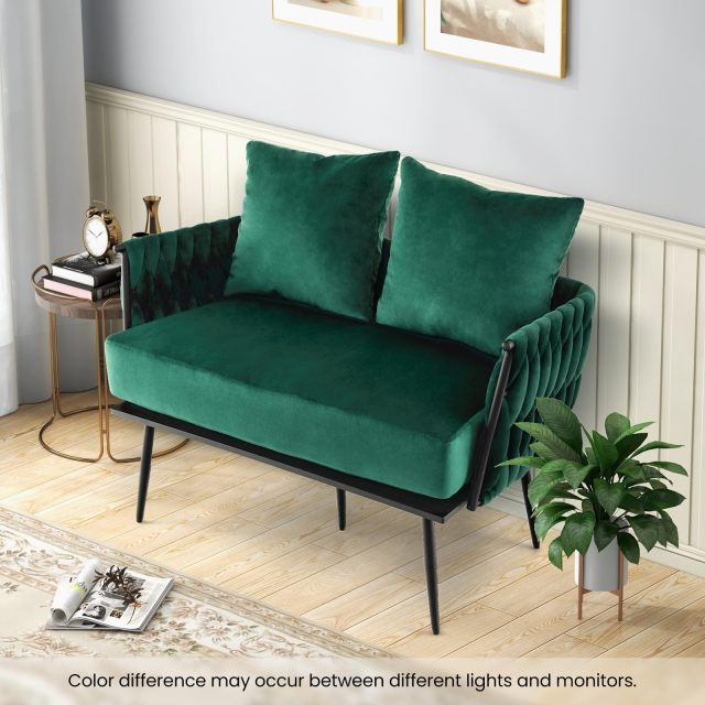 KOMFOTT 43” Loveseat Sofa, Modern Upholstered 2-Seat Sofa with 2 Back Pillows, Woven Backrest & Armrest