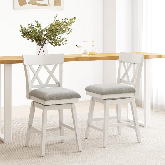 KOMFOTT Swivel Counter Height Bar Stool with Contoured Backrest, Padded Seat & Rubber Wood Legs