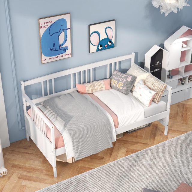 KOMFOTT Twin Daybed Frame, Wooden Sofa Bed Guest Bed with Rails & Wood Slat Support