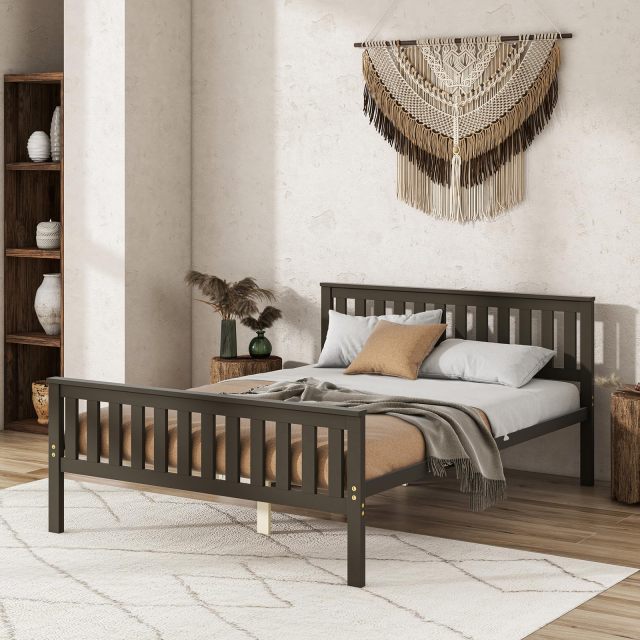 KOMFOTT Wood Platform Bed Frame with Headboard, Wooden Slats Support, 12" Under-Bed Storage Space