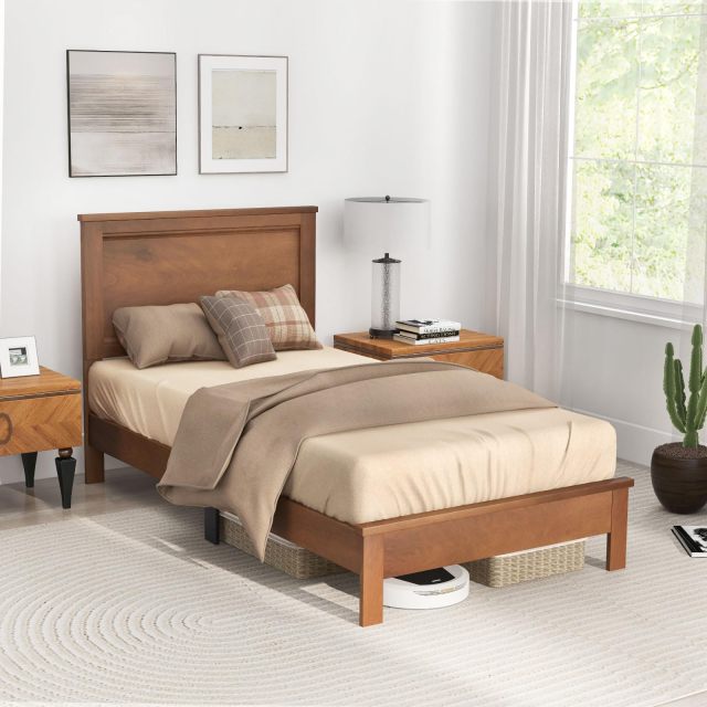 KOMFOTT Wood Platform Bed Frame with Headboard, Mid Century Platform Bed Frame with Solid Wood Legs & Wooden Slat Support