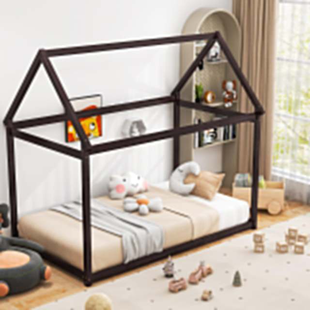 KOMFOTT Twin Size House Bed for Kids, Solid Wood Platform Floor Bed with Roof & Multiple Slats