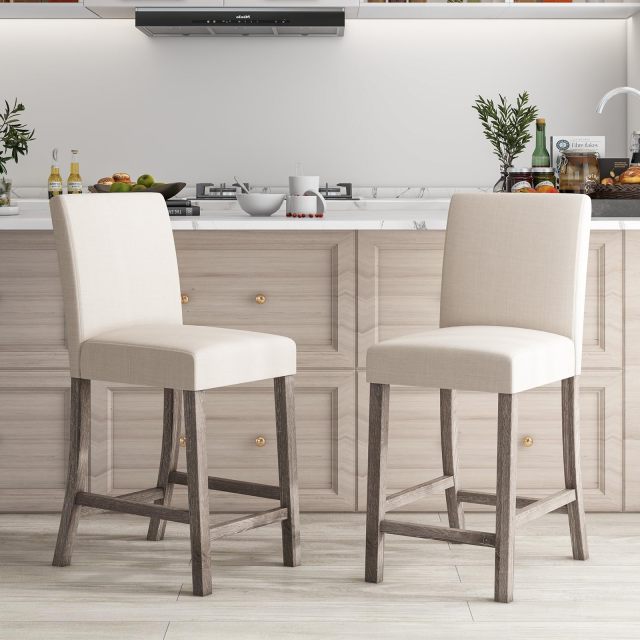 KOMFOTT Upholstered Counter Height Bar Stools Set of 2/4 with Ergonomic Backrest, Solid Wood Frame