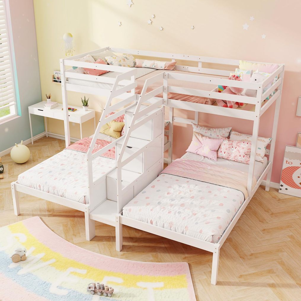 KOMFOTT Triple Bunk Beds with 4-Step Storage Stair, Guardrail & Solid Wood Structure
