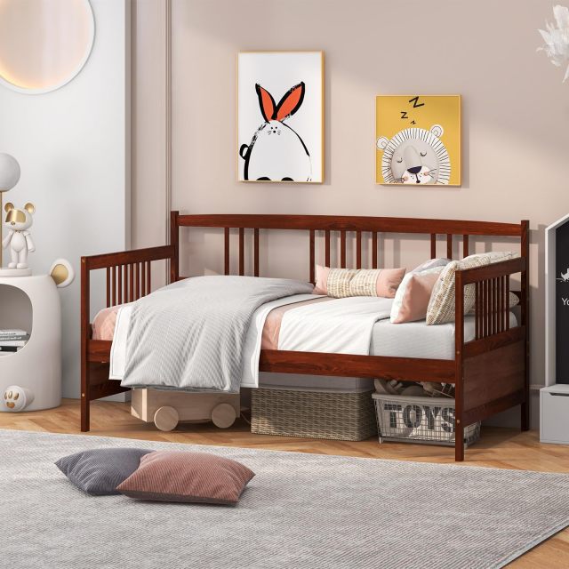 KOMFOTT Twin Daybed Frame, Wooden Sofa Bed Guest Bed with Rails & Wood Slat Support
