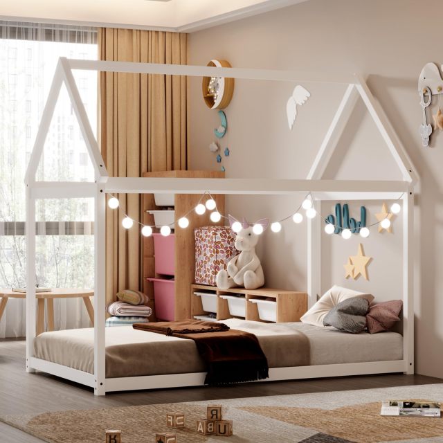 KOMFOTT Twin Size House Bed for Kids, Solid Wood Platform Floor Bed with Roof & Multiple Slats