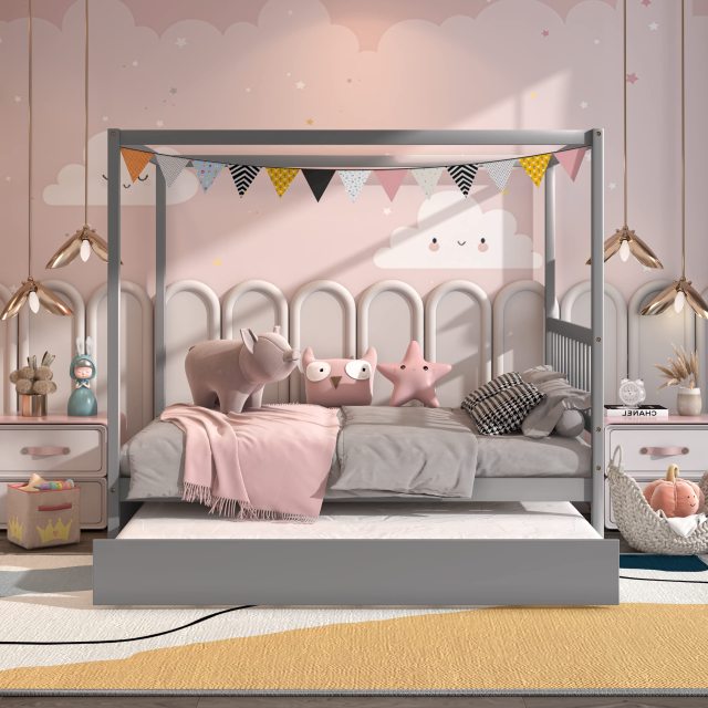KOMFOTT Wood Canopy Bunk Bed with Trundle, Full Size Solid Wood Platform Bed with Headboard