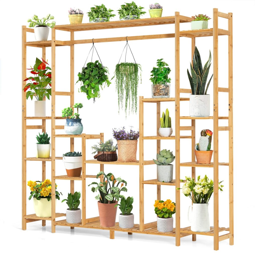 Bamboo Plant Stand with Hanging Rack & Anti-Dumping Device 2-In-1 High-Low Plant Holder Shelf