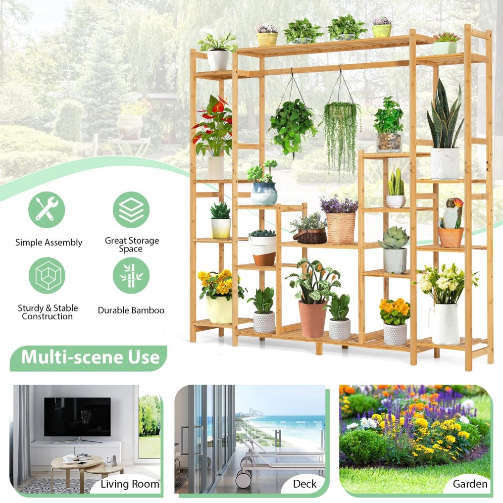 Bamboo Plant Stand with Hanging Rack & Anti-Dumping Device 2-In-1 High-Low Plant Holder Shelf