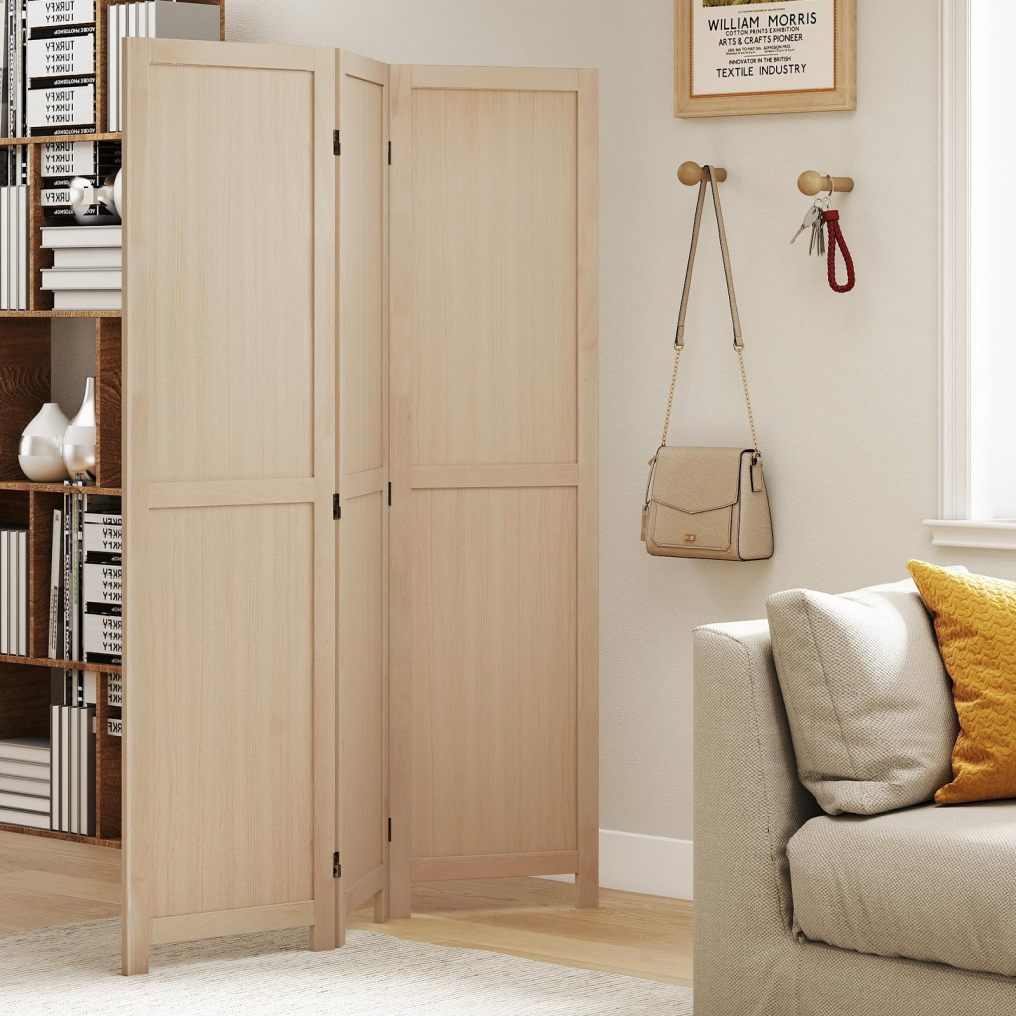 3 Panel Folding Room Divider 67" Rubber Wood Privacy Screen