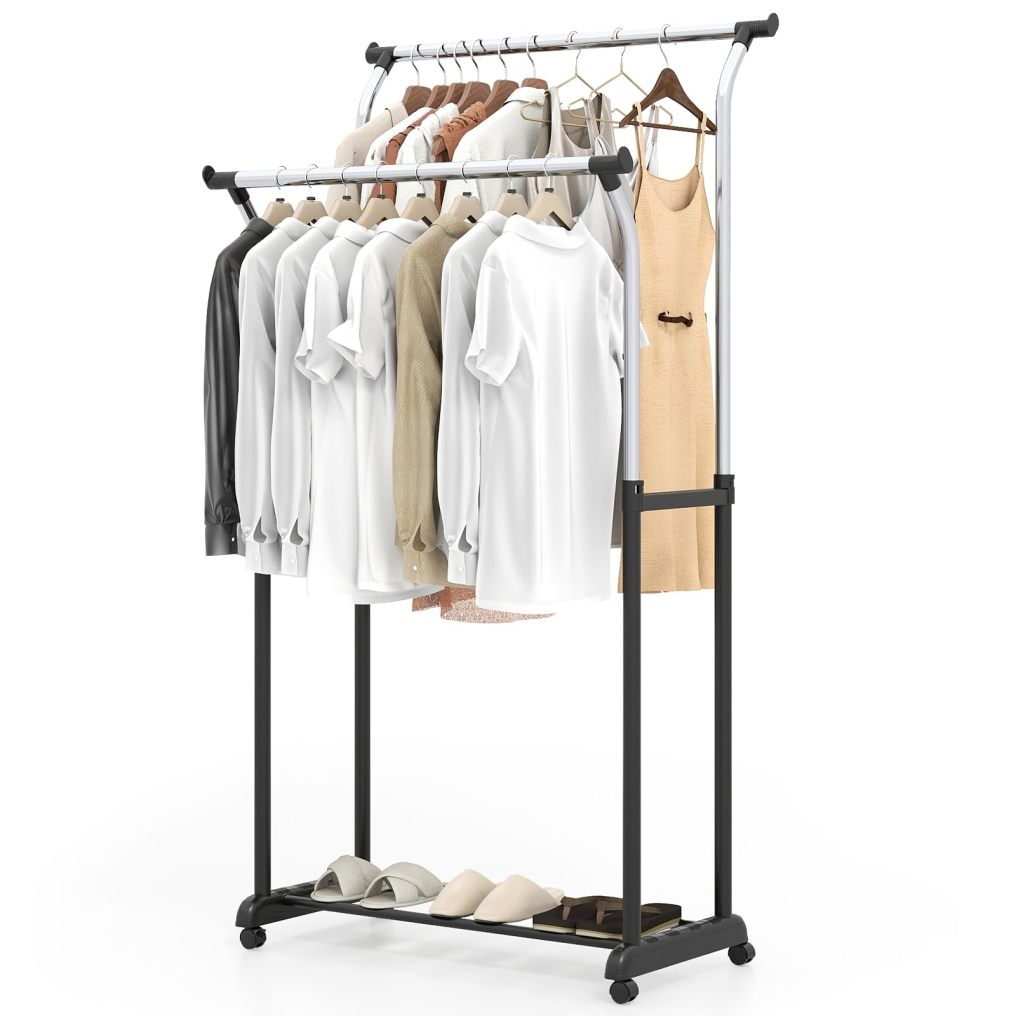 Rolling Double Rod Clothing Rack with Shelf & Wheels for Dressing Room Laundry