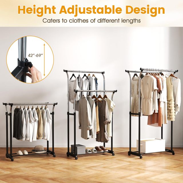 Rolling Double Rod Clothing Rack with Shelf & Wheels for Dressing Room Laundry