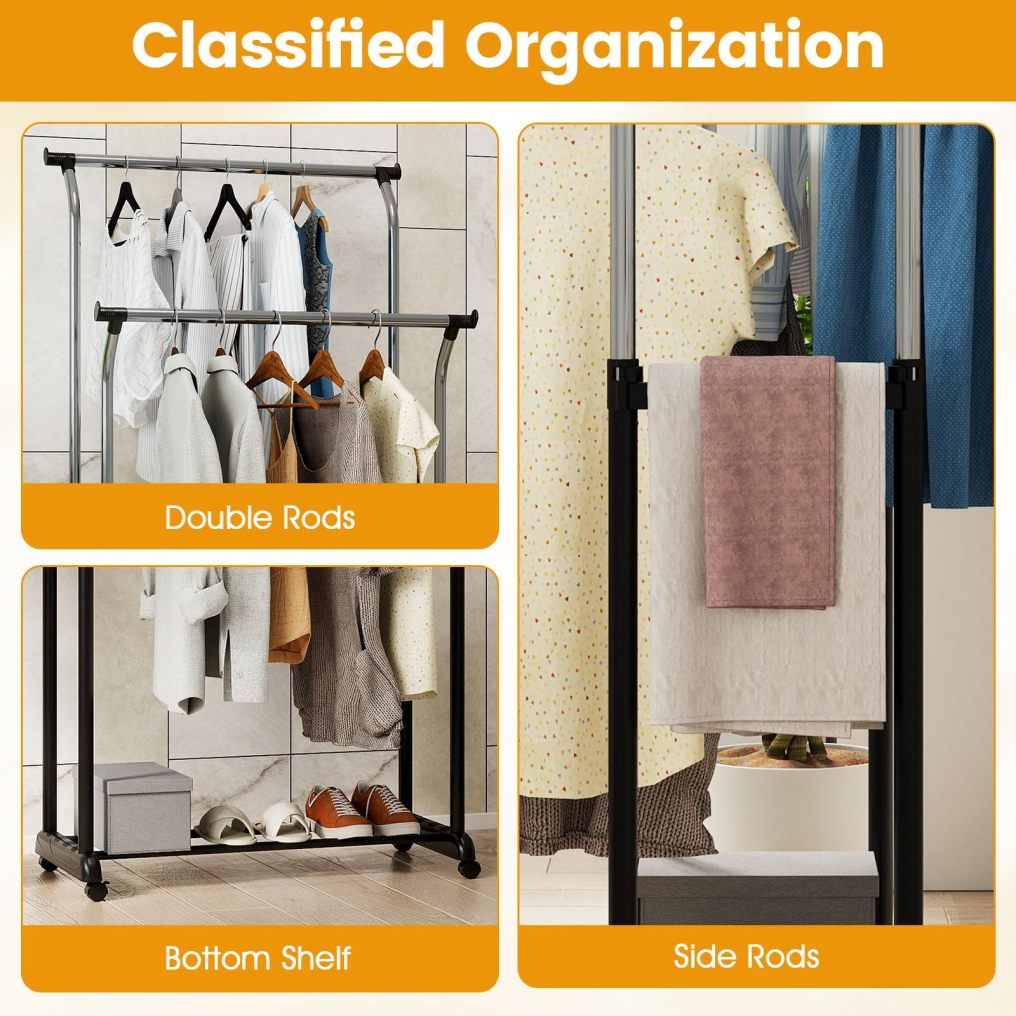 Rolling Double Rod Clothing Rack with Shelf & Wheels for Dressing Room Laundry