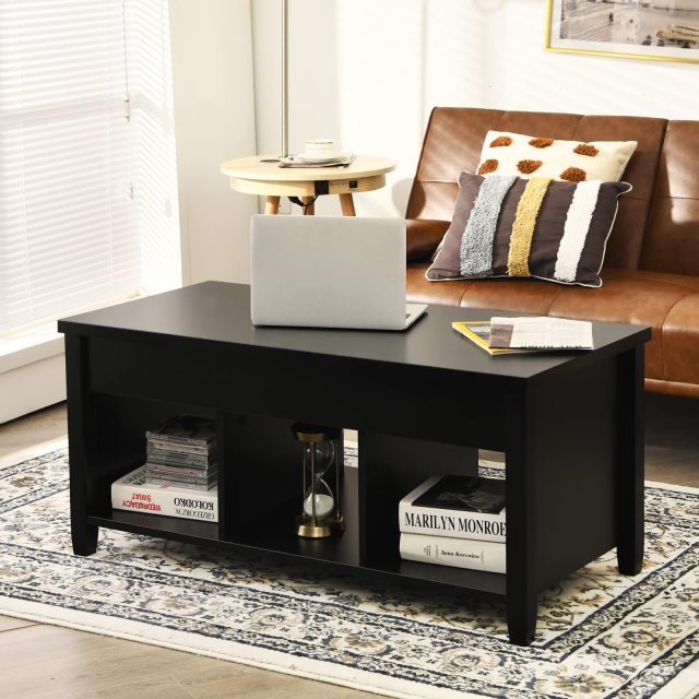 Lift Top Coffee Table with Hidden Storage Compartment & 3 Open Shelves