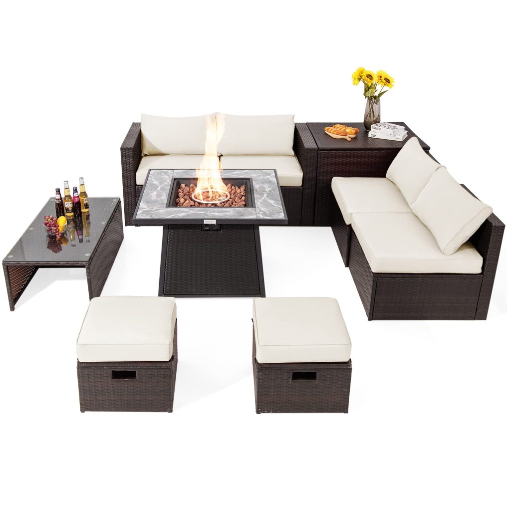 9 Piece Patio Furniture Set with 35'' Fire Pit Table for Poolside Backyard