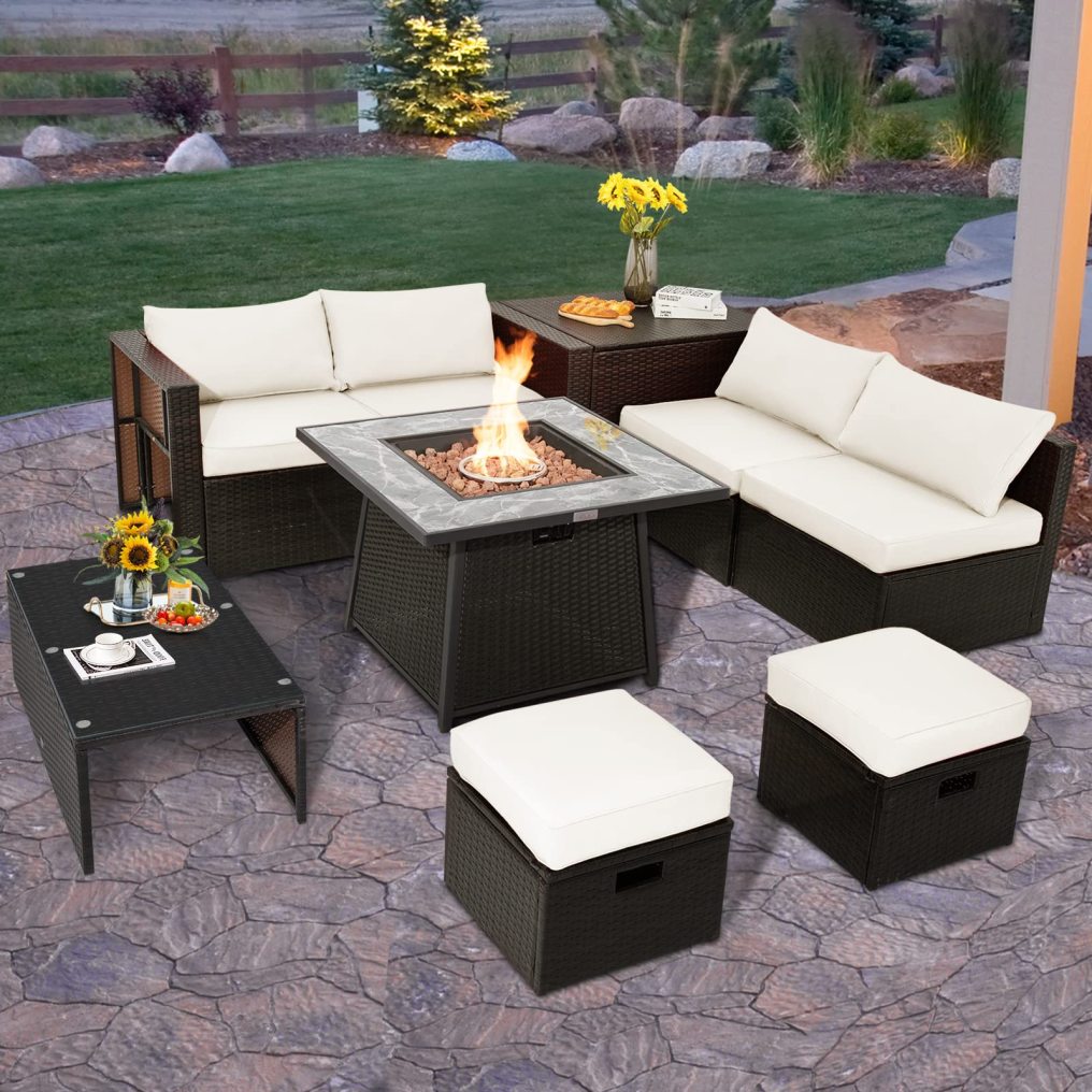9 Piece Patio Furniture Set with 35'' Fire Pit Table for Poolside Backyard