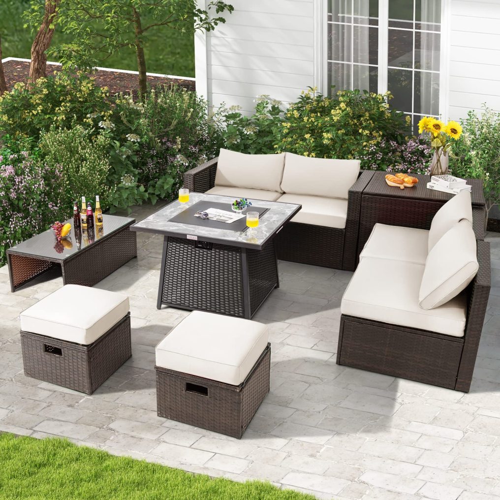 9 Piece Patio Furniture Set with 35'' Fire Pit Table for Poolside Backyard
