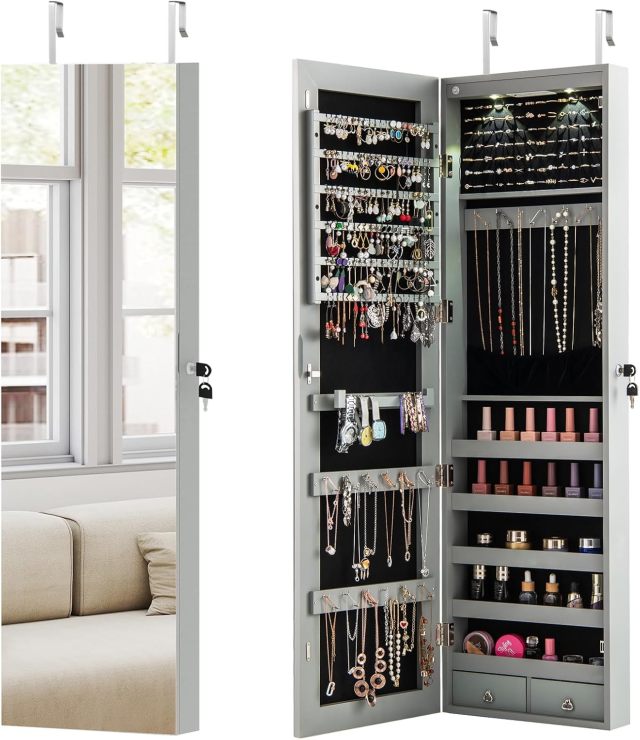 Wall Door Mounted Jewelry Organizer w/Full-length Mirror and 2 LED Lights