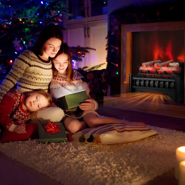 20” Electric Fireplace Log Set Heater with Adjustable Temp, Overheating Protection, Realistic Birch Wood Ember Bed