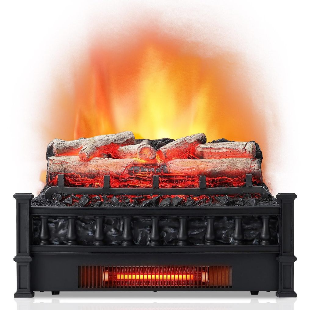 20” Electric Fireplace Log Set Heater with Adjustable Temp, Overheating Protection, Realistic Birch Wood Ember Bed