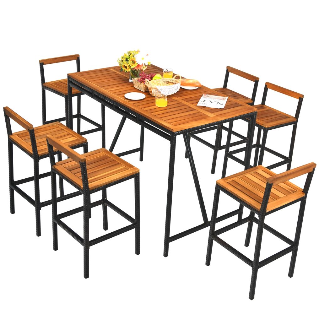 7PCS Patio Rattan Bar Set with Back Support and Footrest