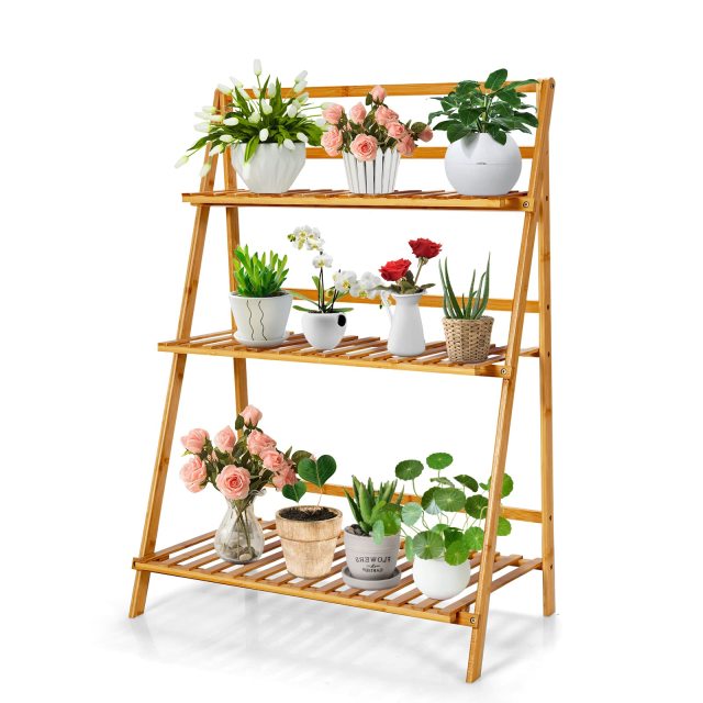 Bamboo Ladder Shelf Foldable Multifunctional Plant Flower Display Stand Storage Rack Bookcase Bookshelf